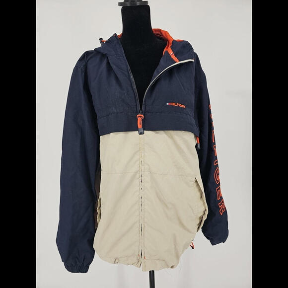 Y2K 90s Tommy Hilfiger Windbreaker JacketL Color Block Spellout Crest Logo